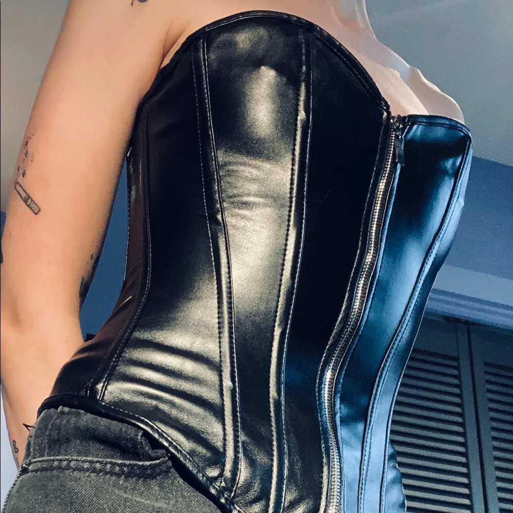 black faux leather corset
